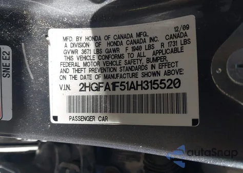 2010 Honda Civic Lx from USA, damaged, VIN 2HGFA1F51AH315520